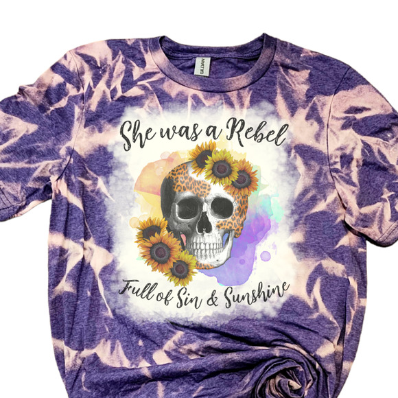 Gildan Tops - She Was A Rebel Skull Leopard Floral Purple Bleached Tee Handmade Graphic Shirt